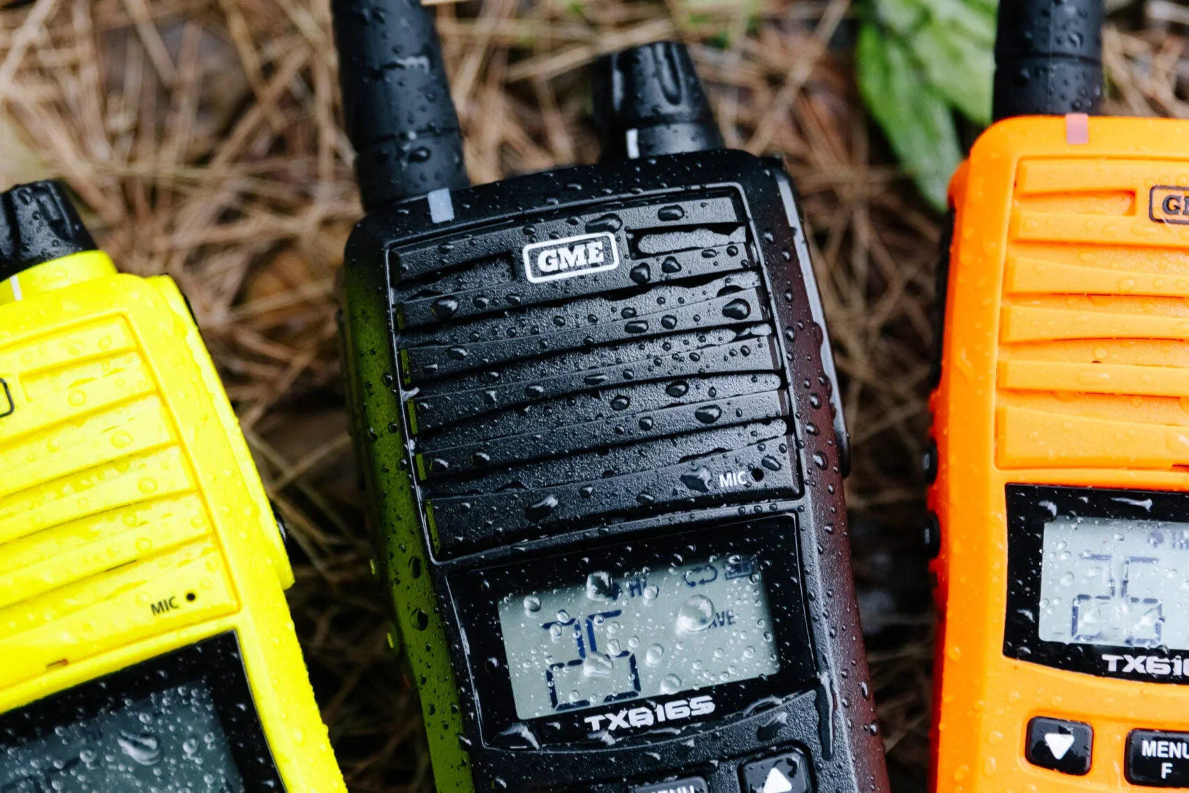 Collection of The GME TX6165 series of handheld UHF CB radios in a gallery layout