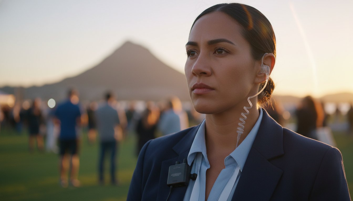 Collection of woman wearing a covert earpiece for walkie talkie in a gallery layout