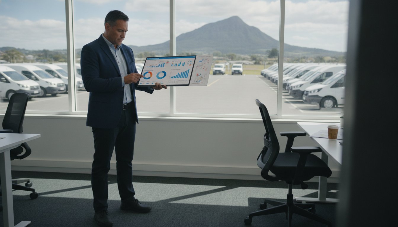 Collection of Fleet manager reviewing vehicle tracking data on a tablet overlooking a parked commercial vehicle fleet in NZ in a gallery layout