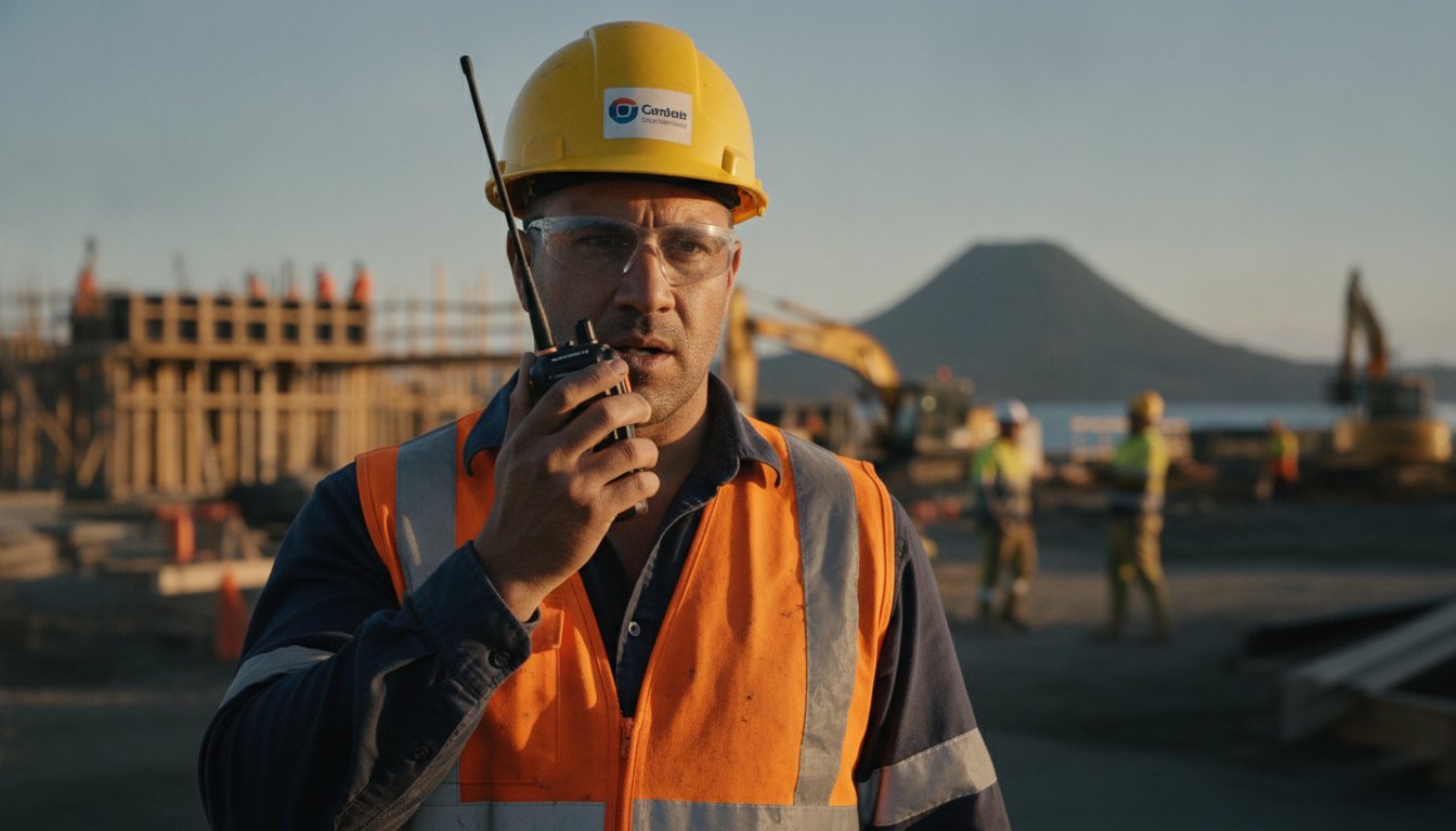 Collection of Construction worker in hi-vis vest using a two-way radio on a NZ worksite with Mt Maunganui in the background in a gallery layout