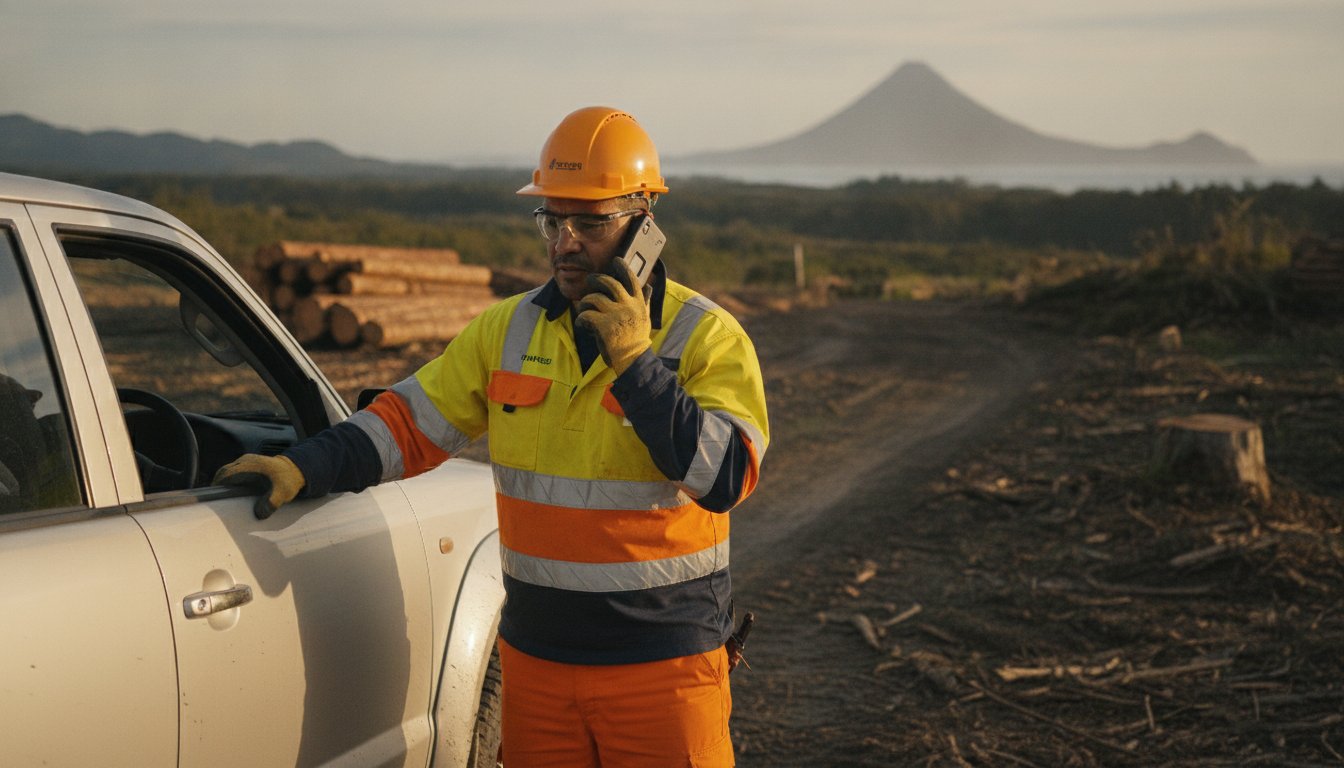 Collection of Forestry worker in hi-vis using a satellite phone at a logging site in the Taranaki region with Mt Taranaki in the background in a gallery layout