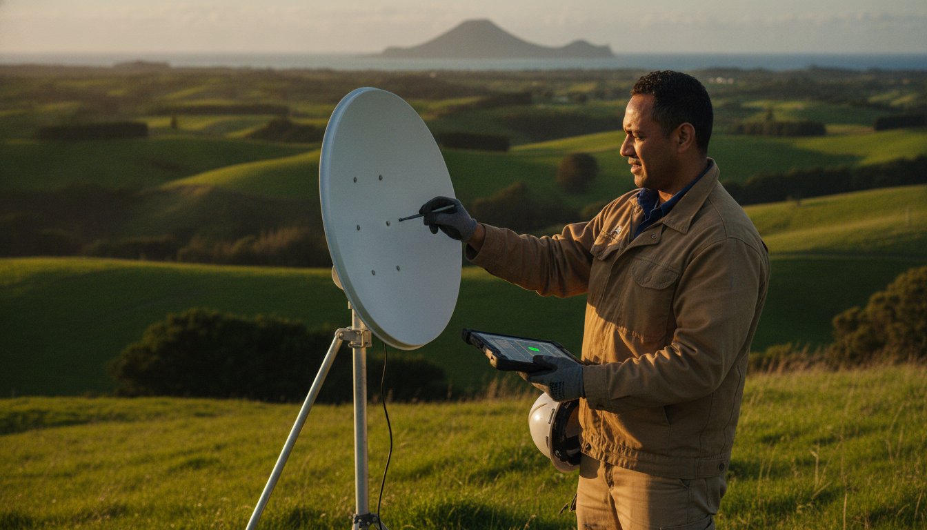 Collection of Technician adjusting a high-gain directional antenna on a tripod in rural NZ farmland to boost cellular signal in a gallery layout