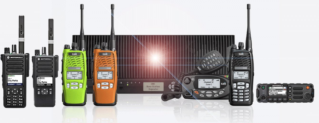 Collection of Two-way radio devices portable and fixed UHF VHF in a gallery layout