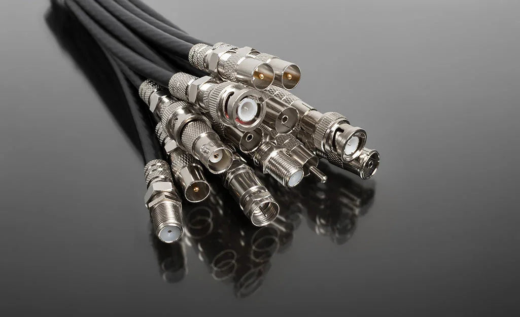 Collection of RF cables and connectors in a gallery layout