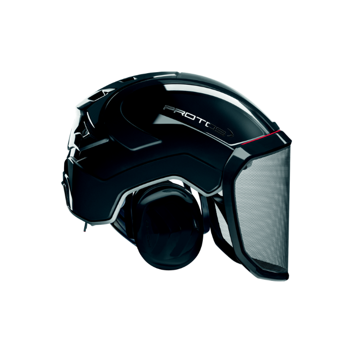 Collection of A glossy black motorcycle helmet with an attached clear mesh face shield and the brand name 'PROTE3' printed on the side in a gallery layout