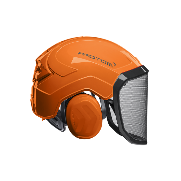 Collection of An orange protective helmet with a black mesh face shield and matching orange ear protection in a gallery layout
