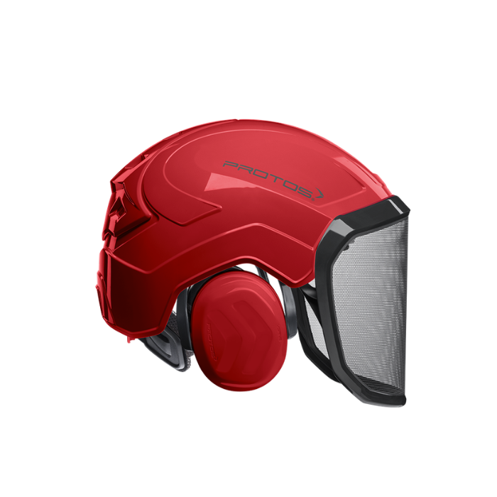 Collection of A red protective helmet with a black mesh face shield and red ear protection in a gallery layout