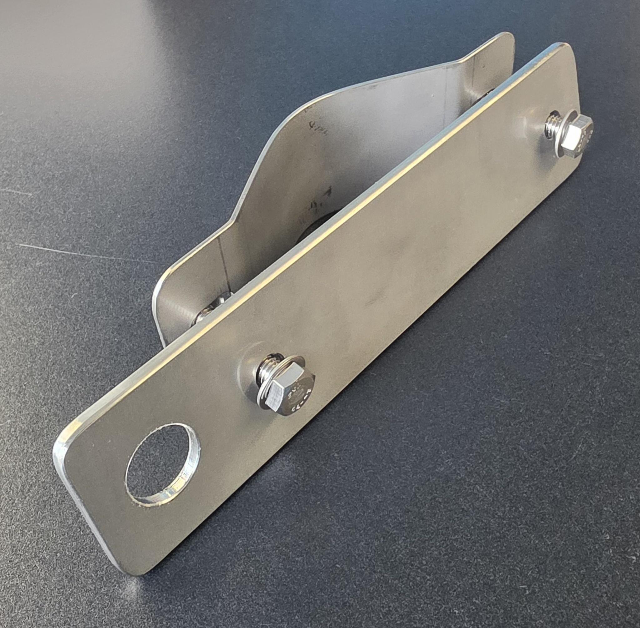 Collection of A brushed stainless steel mounting bracket with two hex bolts and nuts in a gallery layout