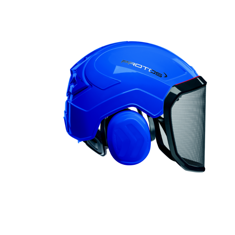 Collection of A blue protective helmet with an attached black face shield and blue ear muffs, shown on a plain white background. The brand name 'PROTOS' is printed on the side of the helmet. in a gallery layout