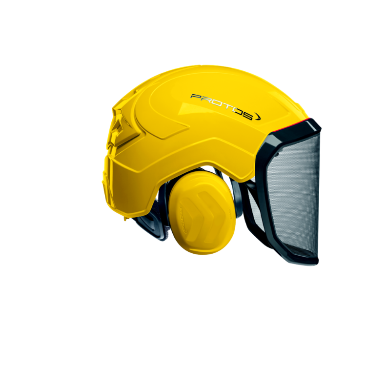 Collection of A bright yellow protective helmet with a clear face shield and yellow ear muffs, shown on a plain white background. The brand name 'PROTODS' is printed on the side of the helmet. in a gallery layout