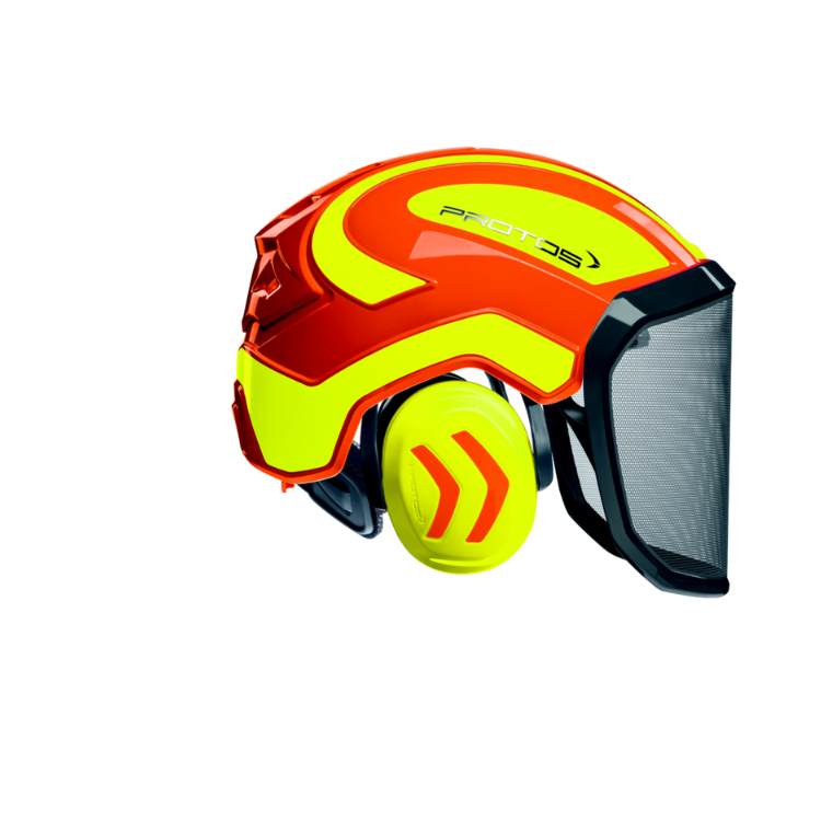 Collection of A high-performance protective helmet in bright orange and neon yellow, featuring a clear face shield, ear muffs, and the 'PROTOS' brand logo on the side, isolated on a white background. in a gallery layout