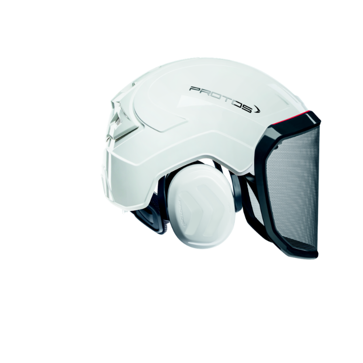 Collection of A white protective helmet with a clear face shield and ear muffs, featuring the 'PROTOS' brand logo on the side, set against a plain white background. in a gallery layout