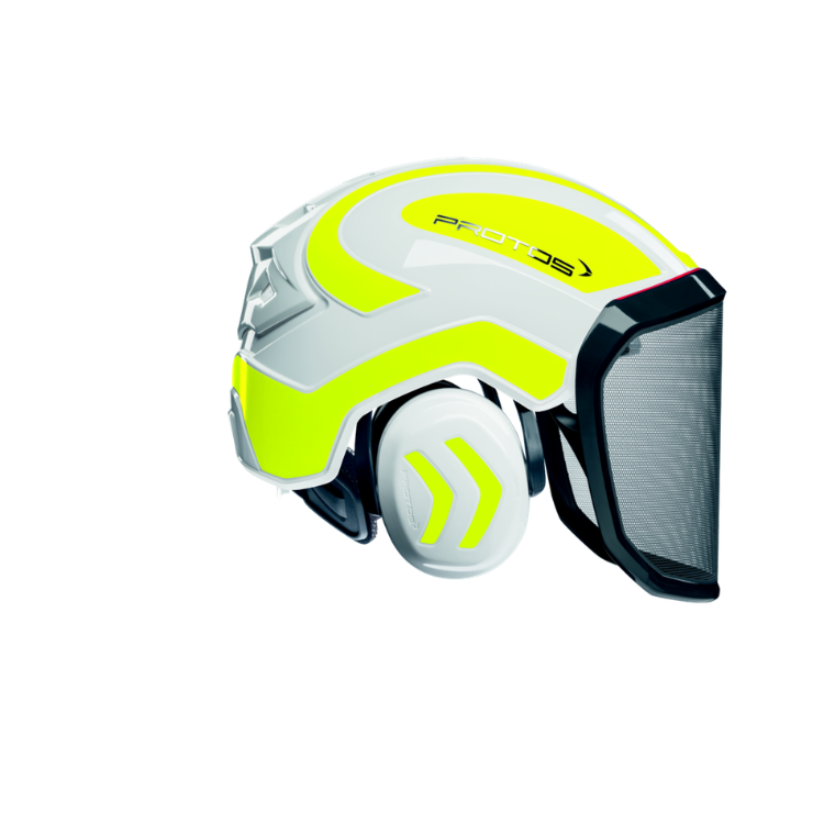 Collection of A protective helmet in white and high-visibility neon yellow-green, featuring a clear face shield and a matching ear cup, shown against a plain white background. in a gallery layout