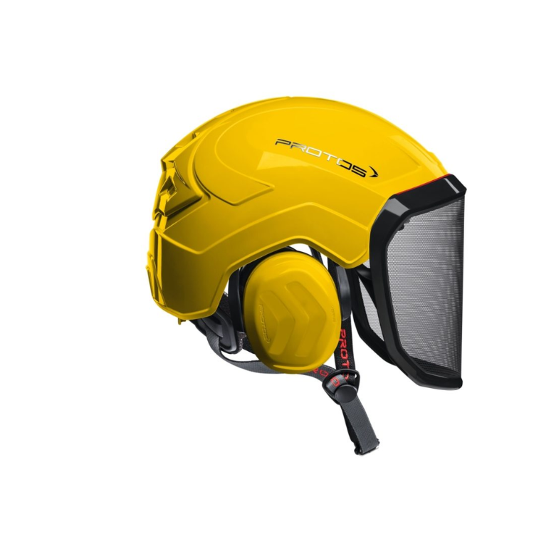 Collection of A yellow PROTO35 fire fighter helmet with an integrated black face shield and ear muffs, shown from a three-quarters angle on a white background. in a gallery layout