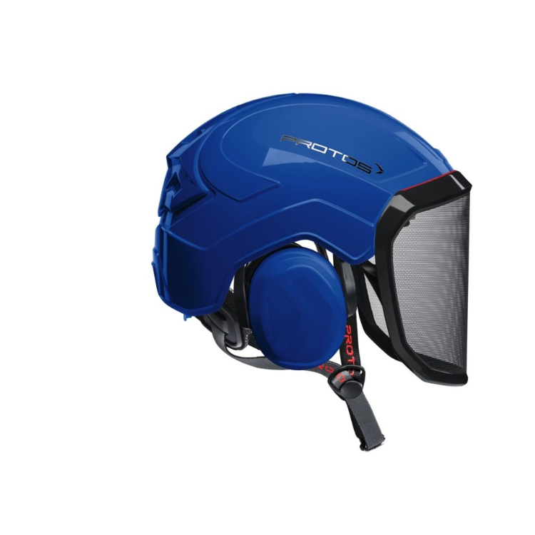 Collection of A blue protective helmet with an attached black face shield and ear protection, shown on a plain white background. The brand name 'PRODOS' is visible on the side of the helmet. in a gallery layout