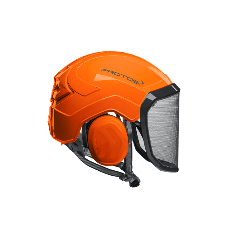 Collection of An orange protective helmet with a clear face shield and orange earmuffs, shown on a solid white background. in a gallery layout