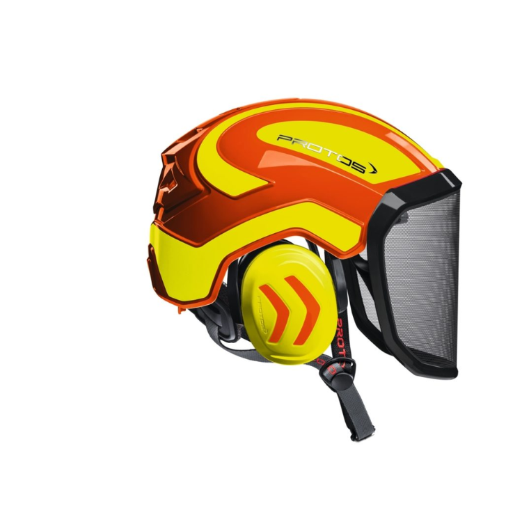 Collection of A protective helmet for chainsaw users, featuring a bright yellow and orange color scheme with a black face shield and ear muffs. The brand name 'PROTOS' is clearly visible on the side of the helmet. in a gallery layout
