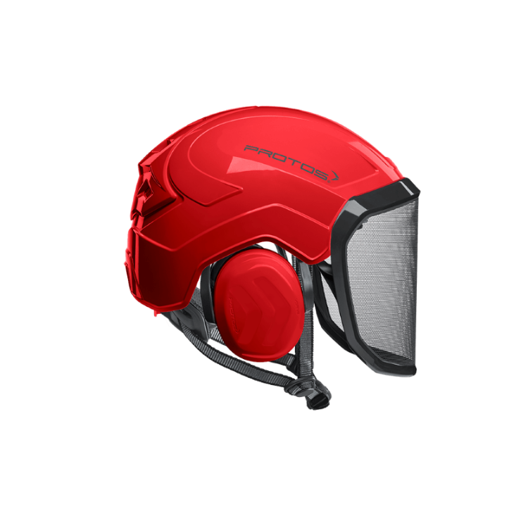 Collection of A red protective helmet with a black face shield and ear muffs, featuring the PROTO3 brand logo on the side, set against a plain white background. in a gallery layout
