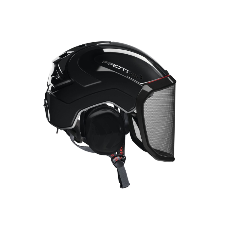 Collection of A black ski helmet with an integrated face shield and ear protection, featuring the brand name 'PROTEC' on the side, shown against a plain white background. in a gallery layout