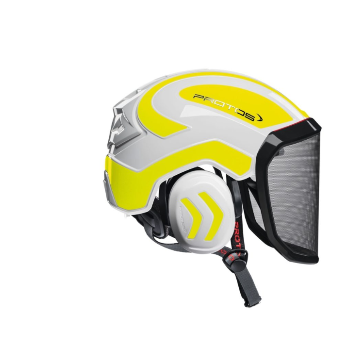 Collection of A white and neon yellow safety helmet with a clear face shield and ear muffs, shown from a three-quarters angle on a white background. in a gallery layout