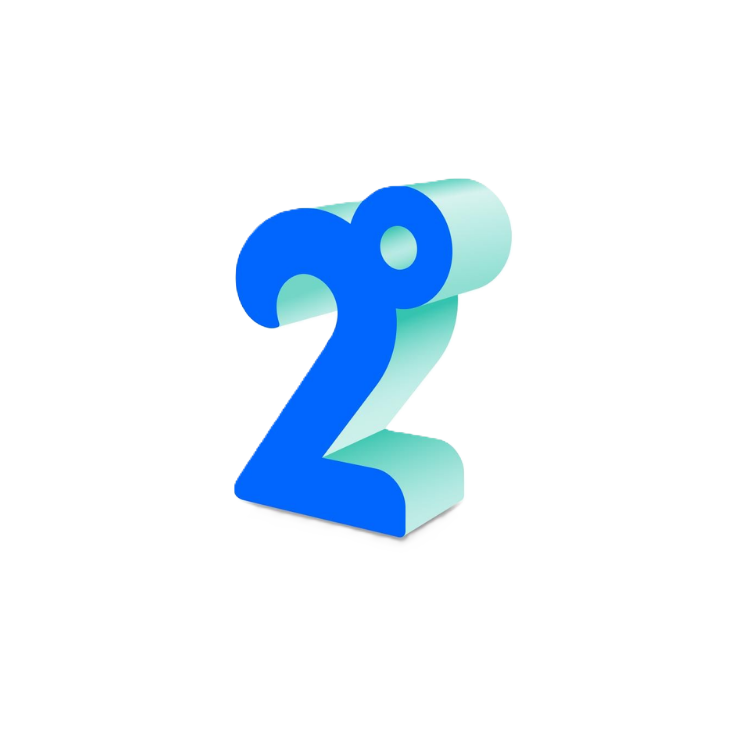 Collection of A stylized 3D number two '2' in bright blue with a light mint green shadow  in a gallery layout