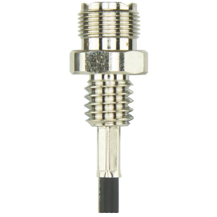 Collection of A close-up of a metallic threaded component with a hex nut and a black cable or tube end, in a gallery layout