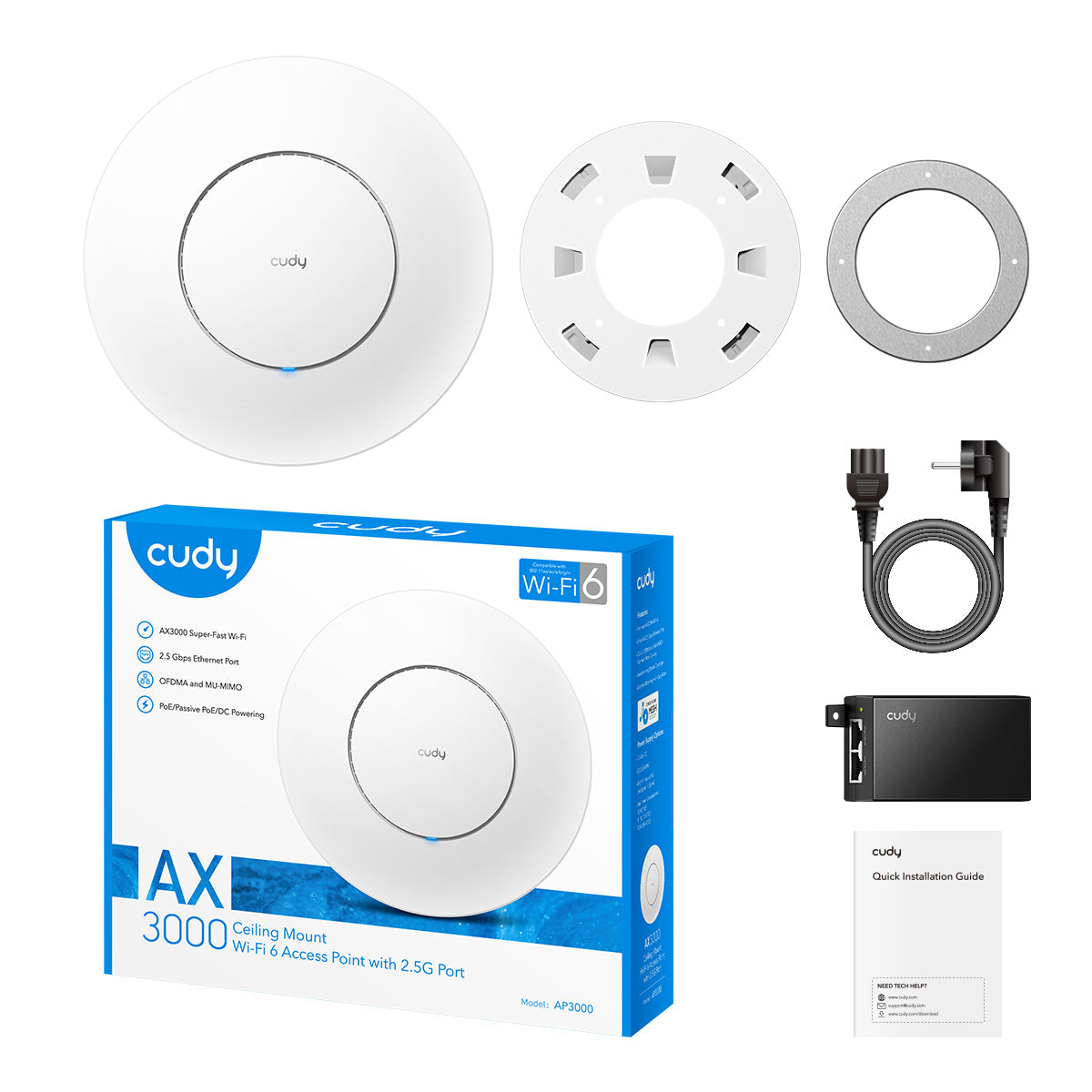 Collection of Cudy AP3000_P access point with PoE adapter, product photo in a gallery layout