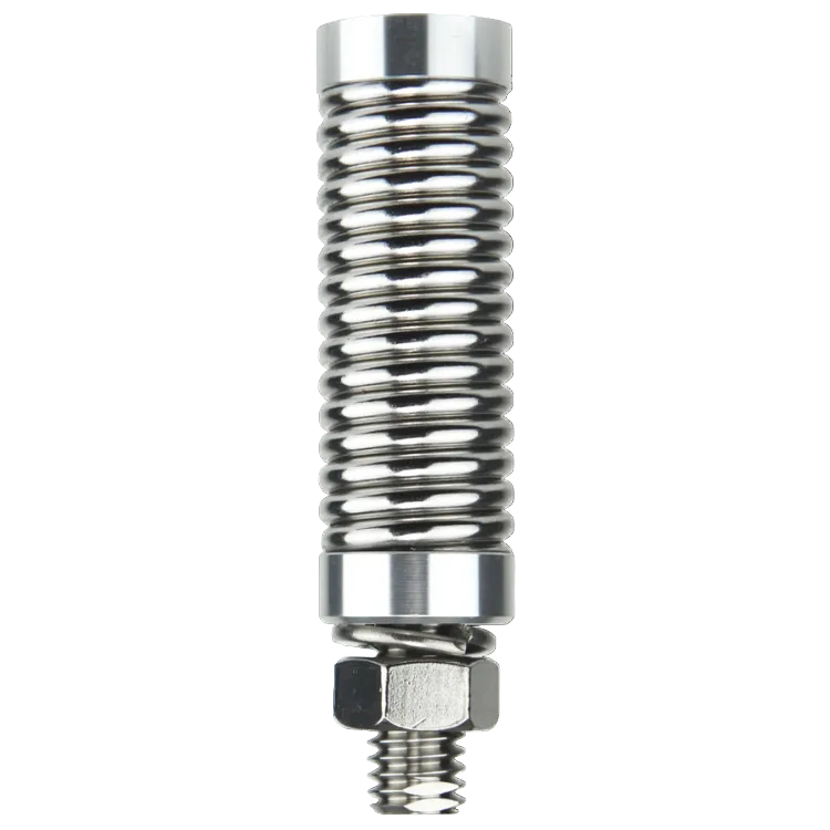 Collection of A close-up of a metallic compression spring with a hex nut on a threaded base in a gallery layout