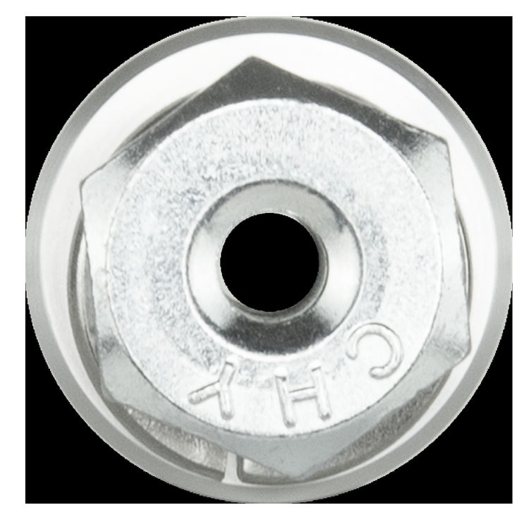 Collection of A close-up of a silver metal hex nut with a central hole, featuring stamped letters 'CH' on its side in a gallery layout