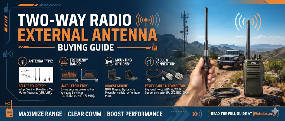 A promotional buying guide graphic for a two-way radio external antenna system. 
