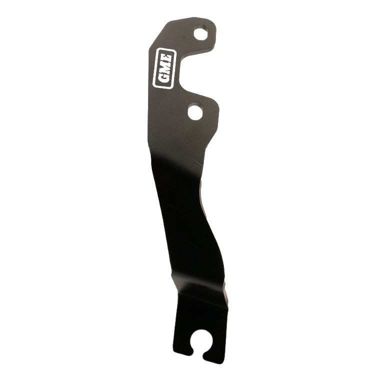 Collection of A black anodized metal bracket with pre-drilled mounting holes, featuring a white and black GME logo near the top, shown against a plain white background. in a gallery layout