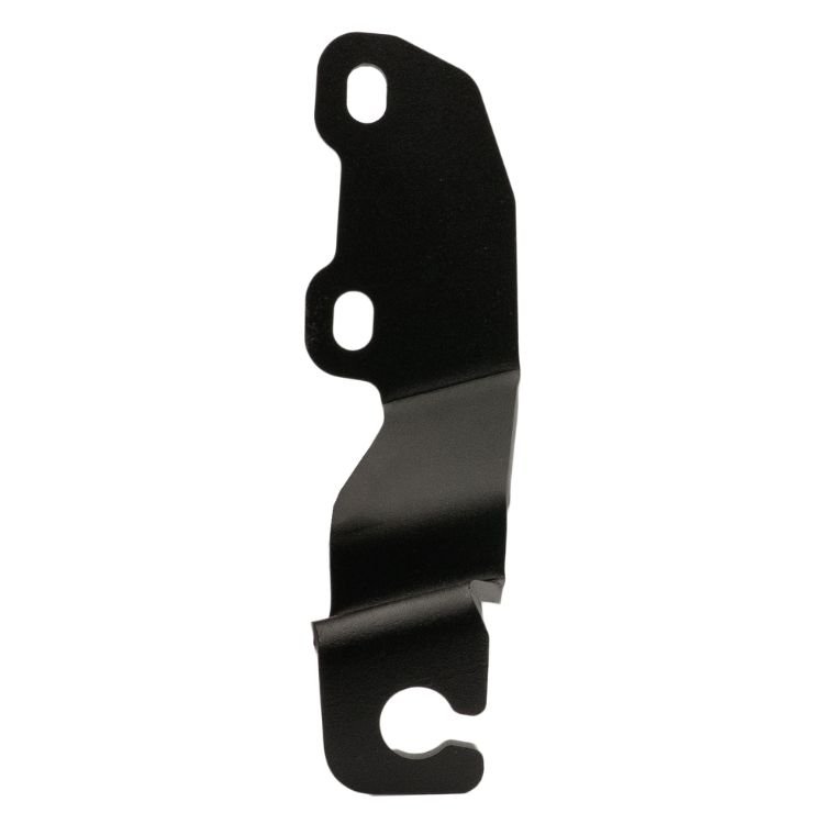 Collection of A black metal mounting bracket with two pre-drilled holes and a curved bottom tab, isolated on a white background. in a gallery layout
