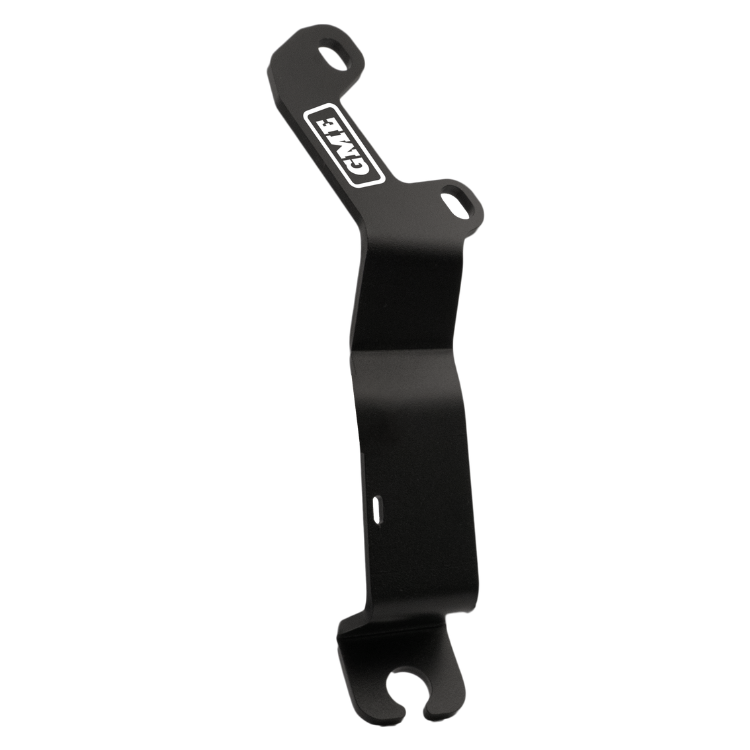 Collection of A black metal bicycle chainstay bracket with a white and black GBR logo, shown on a plain white background. in a gallery layout