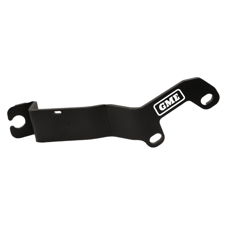 Collection of A black metal mounting bracket with a white and black GME logo on one end, shown against a plain white background. in a gallery layout