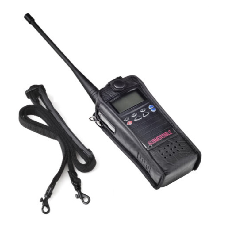 Collection of Entel CFC750 leather case with belt clip and carry strap for HT series radios in a gallery layout