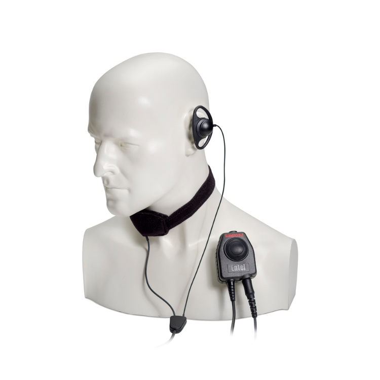 Collection of Entel CXR16/750 bone conductive throat microphone with D-shaped earpiece and PTT in a gallery layout
