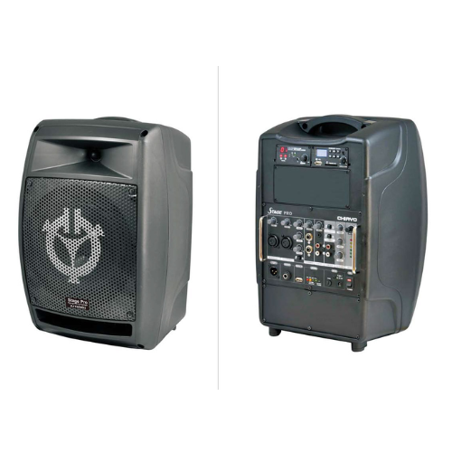 Collection of Chiayo STAGE_PACK1 Portable Wireless PA Package with E-Mic Headset front & back in a gallery layout