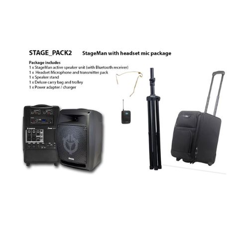 Collection of Chiayo STAGE_PACK2 StageMan PA with Headset Mic, transport bagtrolley in a gallery layout