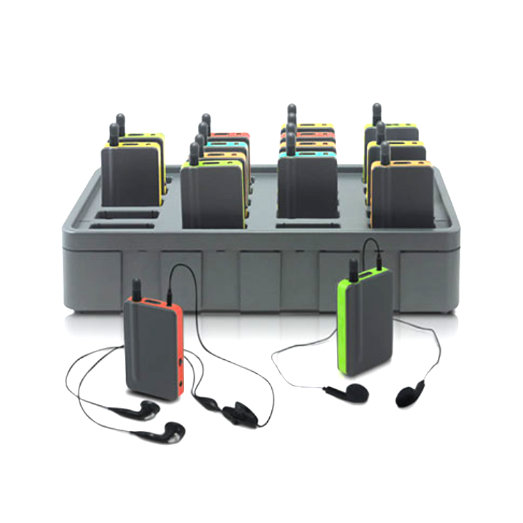 Collection of Set of wireless microphones with charging station on a white background in a gallery layout