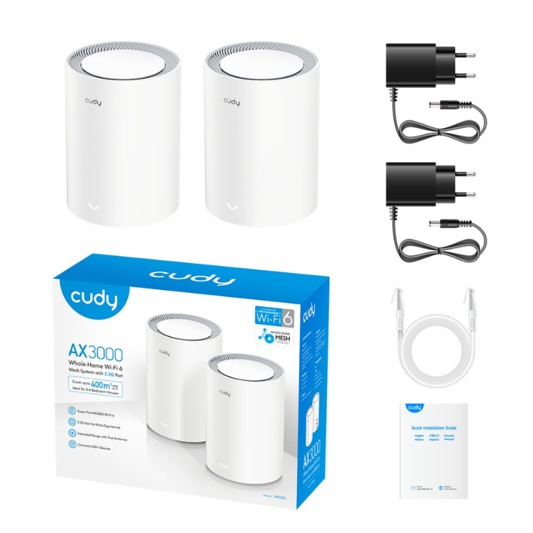 Collection of Cudy M3000 V2 Wi-Fi Twin Pack extenders box content view in a gallery layout