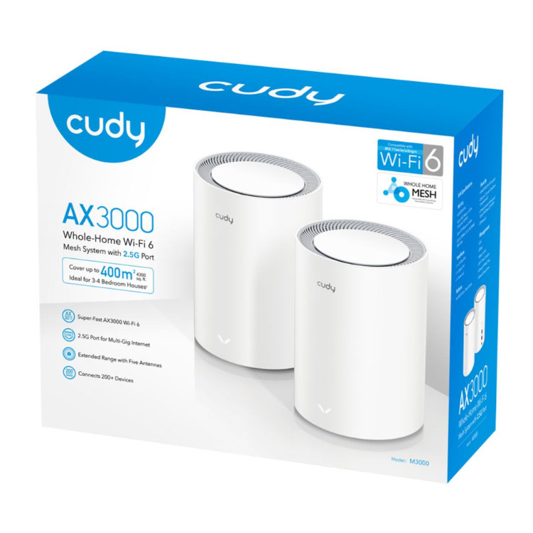 Collection of Cudy M3000 V2 Wi-Fi Twin Pack extenders box view in a gallery layout