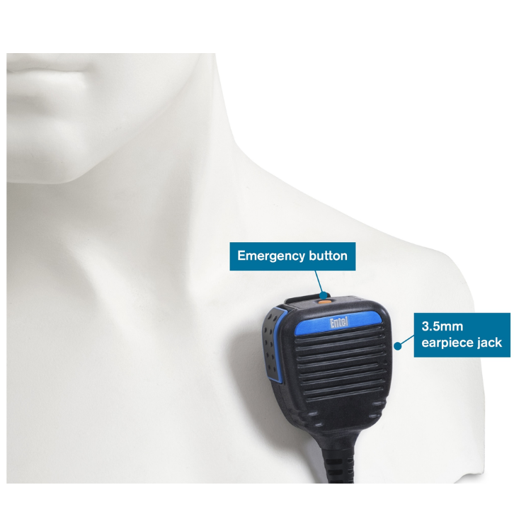 Collection of Entel CMP/DT5E heavy duty speaker microphone with orange button and earpiece jack, for DT500 series in a gallery layout