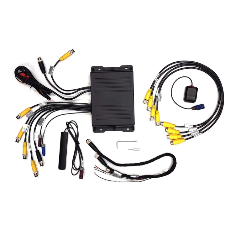 Collection of Viewtech Fleetview FV301-4G mobile DVR with cables and accessories in a gallery layout