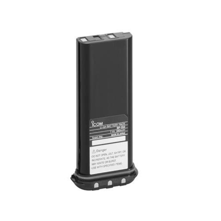 Collection of A black DC flashlight battery with a base, featuring a white label with text and a iCOM logo in a gallery layout