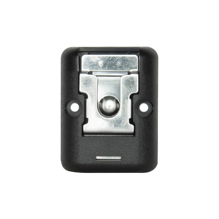 Collection of A black textured plastic camera accessory with a silver metal quick-release latch in a gallery layout