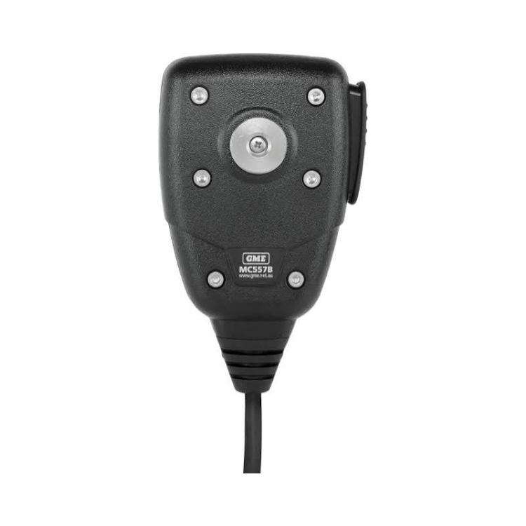 Collection of A black GME MC557B handheld communication microphone with a silver central button in a gallery layout