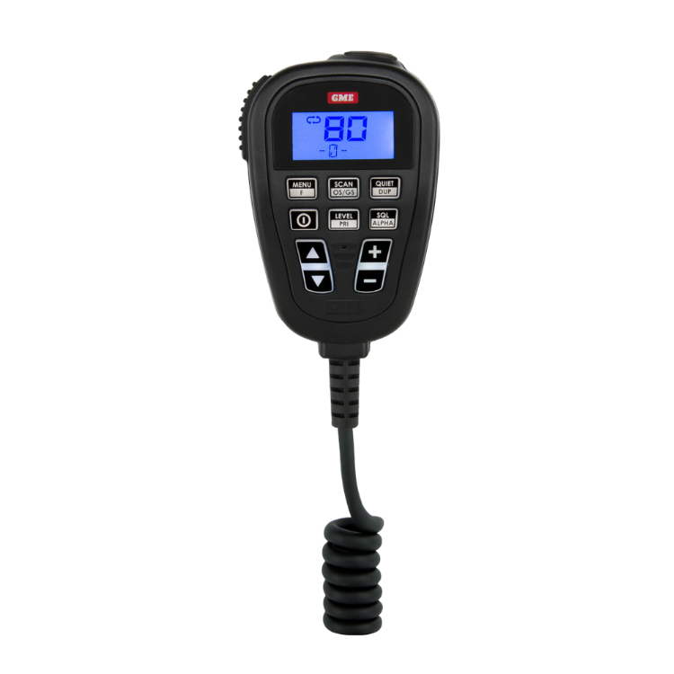 Collection of A black CME handheld radio transmitter with a blue backlit LCD screen and six control buttons in a gallery layout