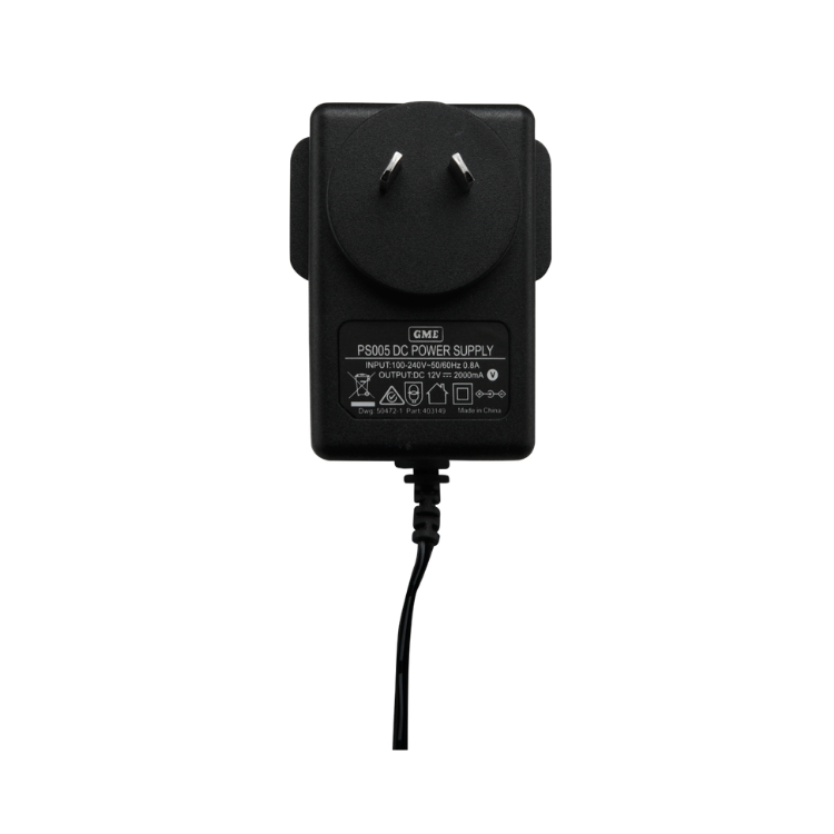 Collection of A black GME brand 5V/12V/24V DC power supply adapter with a two-prong plug and a black cable in a gallery layout