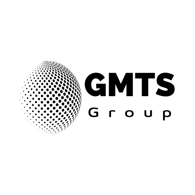 Collection of Black and white GMTS Group logo featuring a halftone dot sphere graphic  in a gallery layout