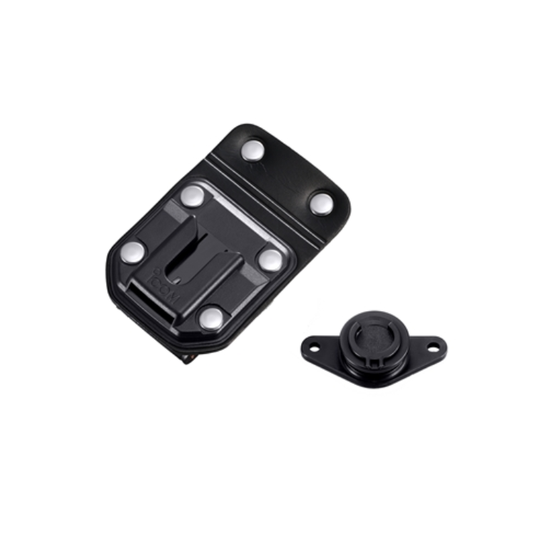 Collection of Black plastic mounting hardware set featuring a rectangular clip with six silver rivets and a small circular cap in a gallery layout